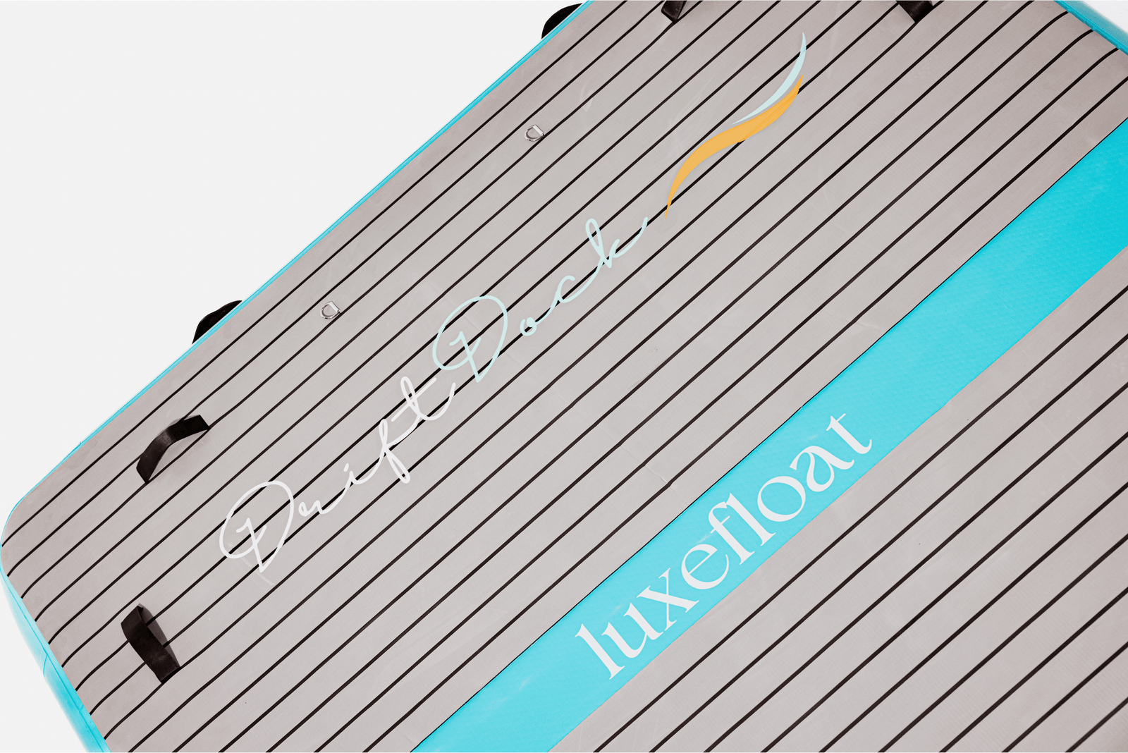 inflatable dock with stainless D-rings and teak-look deck