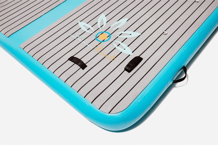 Square floating dock for lounging, swimming, and paddle access