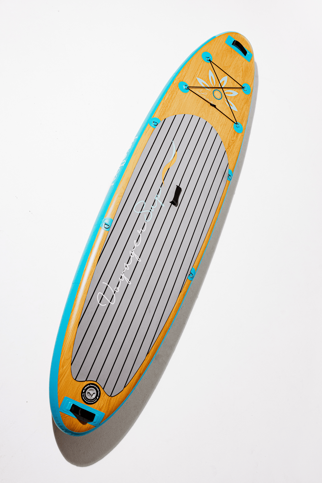 LuxeFloat inflatable stand up paddleboard with teal rails and deck pad